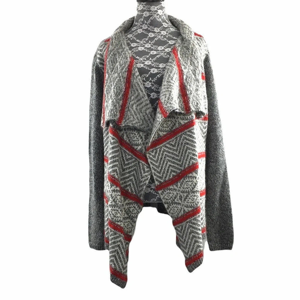 American Eagle Cardigan Sweater Gray Red Aztec Striped